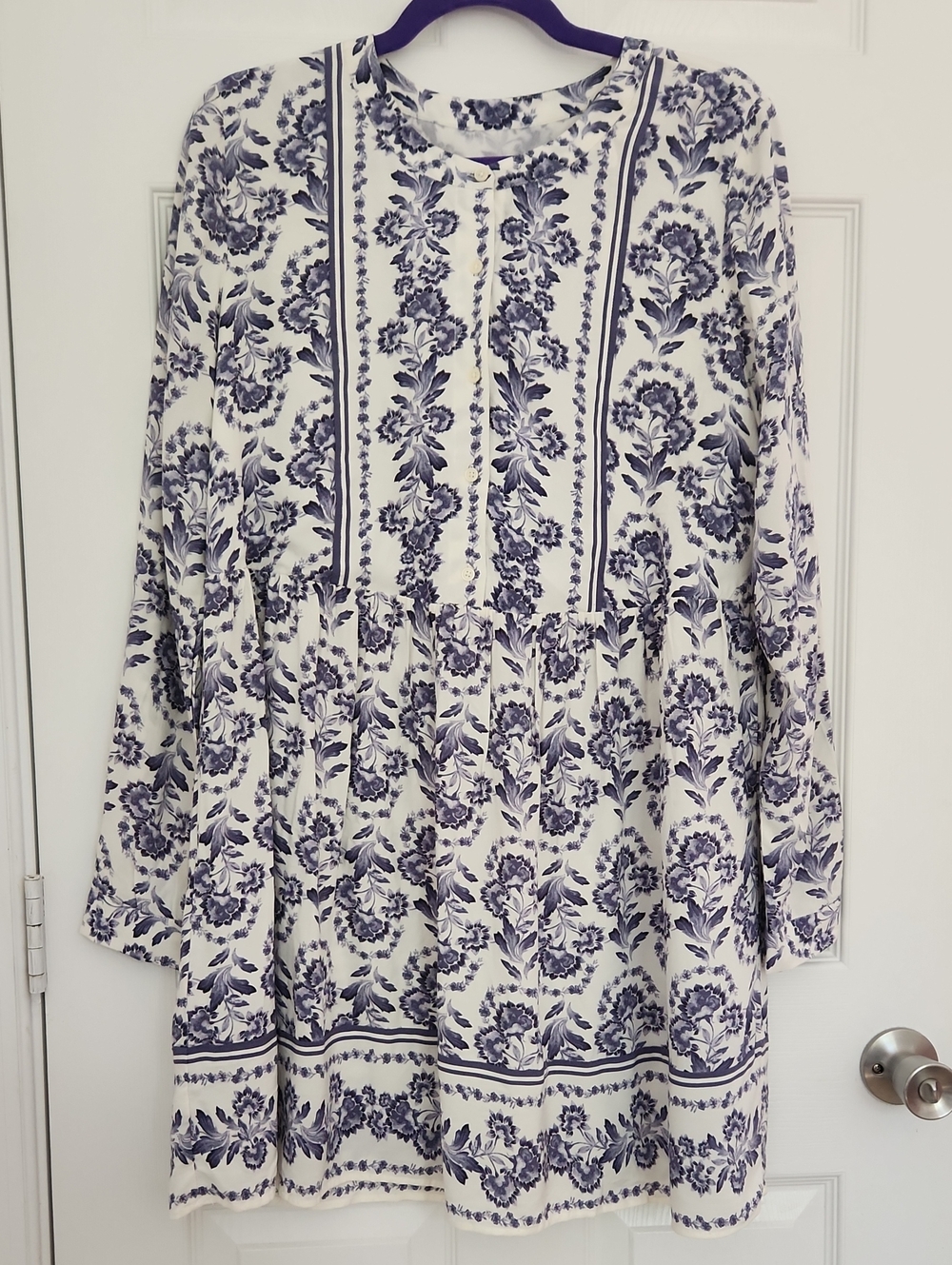 NWT Peasant Boho Coquette Going Out LOFT White Blue Floral Long-Sleeve Dress